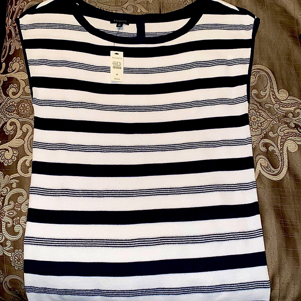 Talbots strips blue white and silver sleeveless sweater